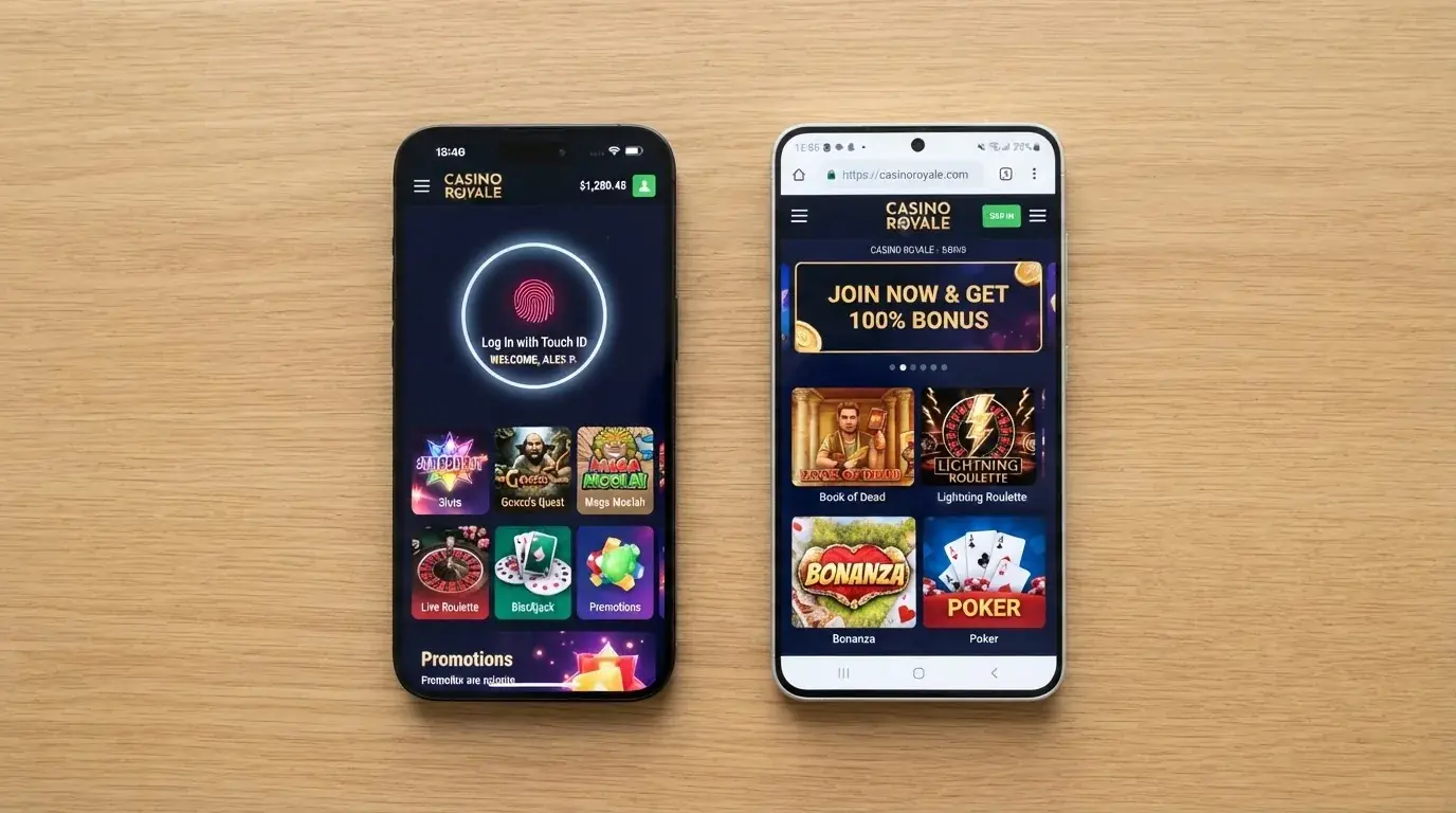 Rozdělená obrazovka: vlevo nativní casino aplikace s biometrickým přihlášením, vpravo mobilní casino web v prohlížeči