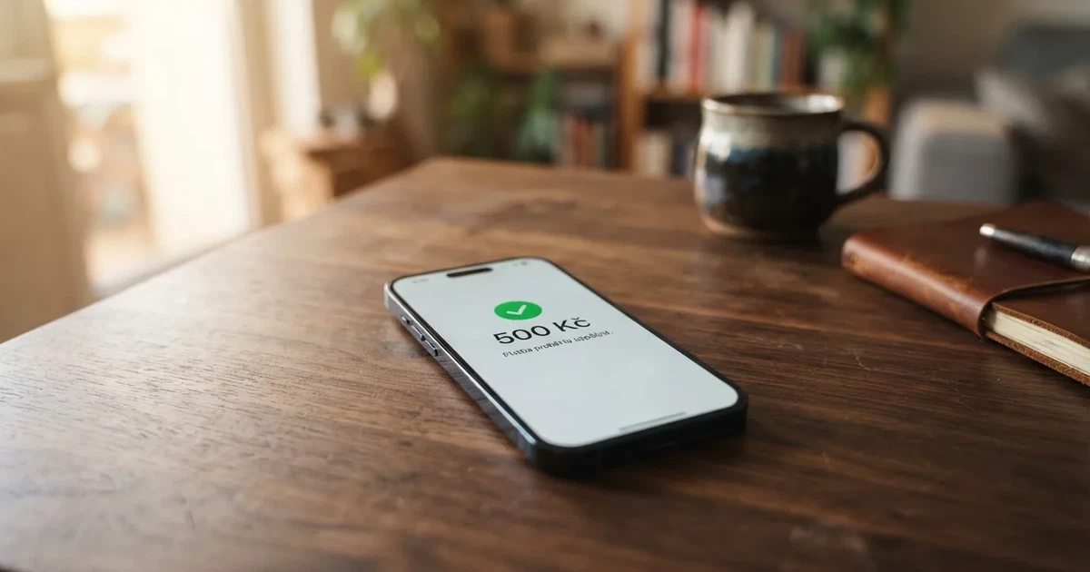 Mobilní telefon s obrazovkou potvrzující úspěšný vklad přes m-platbu do online casina
